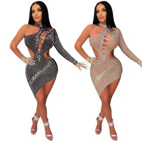 Assymetrical Cut Out Rhinestone Dress-Beige-M Assymetrical Cut Out Rhinestone Dress-Beige-M