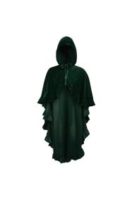 Dark Green Velvet Hooded Ruffle Cape