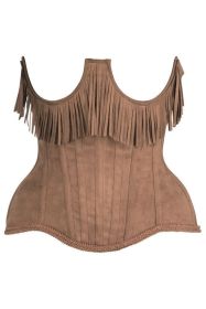 Top Drawer Steel Boned Tan Suede Underwire Underbust Corset Cincher w/Fringe (size: XSmall)