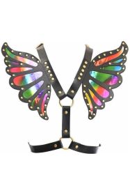 Black Faux Leather & Rainbow Holo Butterfly Wing Harness (size: Regular)