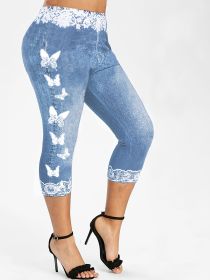 Butterfly & Denim Print Skinny Leggings; Stretchy High Waist Lifting Yoga Leggings (Color: Blue, size: S)