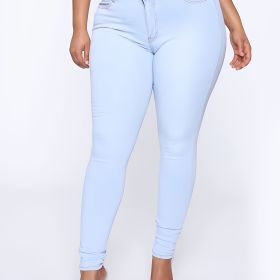 Plus Size High Rise Button Fly Skinny Jeans; Women's Plus Slight Stretch Casual Denim Skinny Pants (Color: Light Blue, size: 1XL(14))