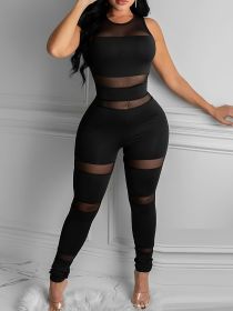 Solid Mesh Stitching Skinny Jumpsuit; Crew Neck Sleeveless Jumpsuit; Suit For Spring & Summer (Color: black, size: S(4))