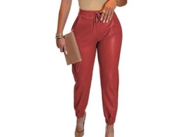 PU Leather High Waist Pants Trousers (Color: Red, size: S)