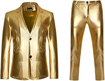 Mens Bright Solid Color Two Piece Sets Single Row Two Buttons Slim Fit Blazers Trousers (Specification: GOLDEN-S)