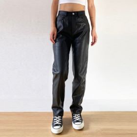 Women's Pu Leather Basic Pants High Waist Slim Harem Trousers Straight Vintage Female Pant 2021 Autumn Casual Streetwear Bottoms (Color: black, size: XL)