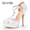 Dream Pairs Women's Heeled Sandal Pumps Peep Toe Super High Heel Platform Sandals for Woman White Lace Wedding Party Shoes