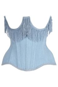 Top Drawer Steel Boned Light Blue Denim Underwire Underbust Corset Cincher w/Fringe (size: XSmall)